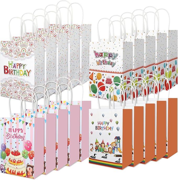 Ethanberg 20Pcs Birthday Gift Bags with Handles, Happy Birthday Paper Favor Bags, Birthday Paper Goodie Bags, Birthday Candy Treat Bags for Boys Girls Birthday Party Decorations Supplies