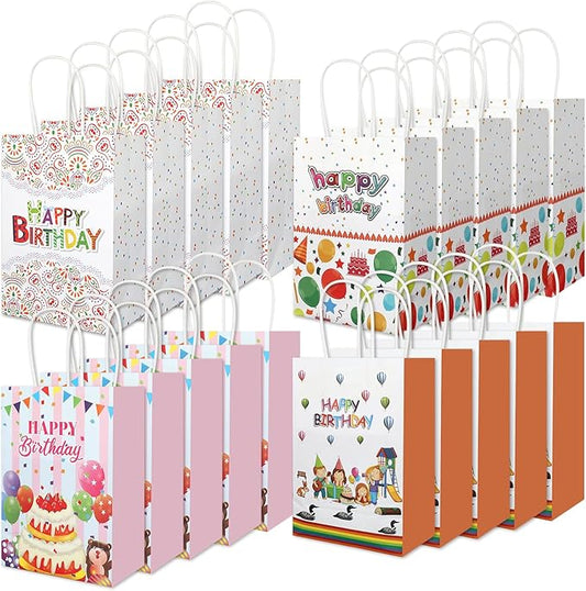 Ethanberg 20Pcs Birthday Gift Bags with Handles, Happy Birthday Paper Favor Bags, Birthday Paper Goodie Bags, Birthday Candy Treat Bags for Boys Girls Birthday Party Decorations Supplies