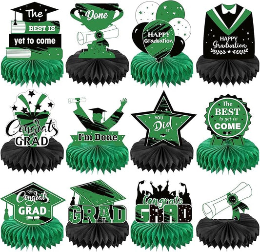 Honoson 12 Pcs 2026 Graduation Party Decorations Class of 2026 Congrats Grad Table Centerpieces Congratulate Graduation Honeycomb Table Toppers for Grad Party Favor Supplies(Green, Black)