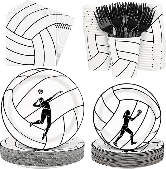 Kochorie 144 Pieces Volleyball Party Supplies, Sports Tableware Sets Including Disposable Paper Plates Napkins Cups Forks Serves 24 for Birthday Sports Volleyball Party Decorations