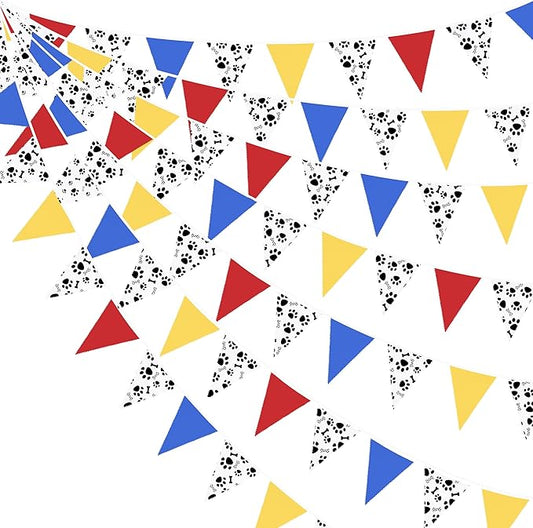 Paw Print Fabric Banner Triangle Pennant Flag Garland Streamers - 32Ft, Red, Blue, Yellow - Kids Dog Paw Birthday Baby Shower Blue Dog Party Outdoor Garden Decor
