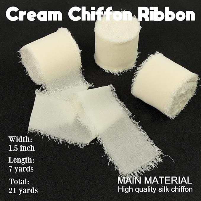 Cream Chiffon Ribbon 1-1/2 Inch x 21 Yards Handmade Fringe, Silk, Boho Frayed Ribbon - Cream for Gift Wrapping, Wedding Invitations, Bridal Flower Bouquets
