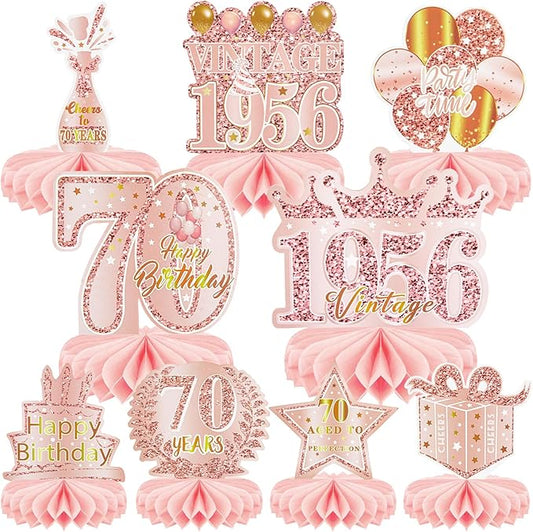9 Pcs 70th Birthday Decoration for Women Happy 70th Birthday Table Honeycomb Decorations Rose Gold Pink Centerpieces Tables Toppers1956 Decor Cheers to 70 Years Old Birthday Party Favors