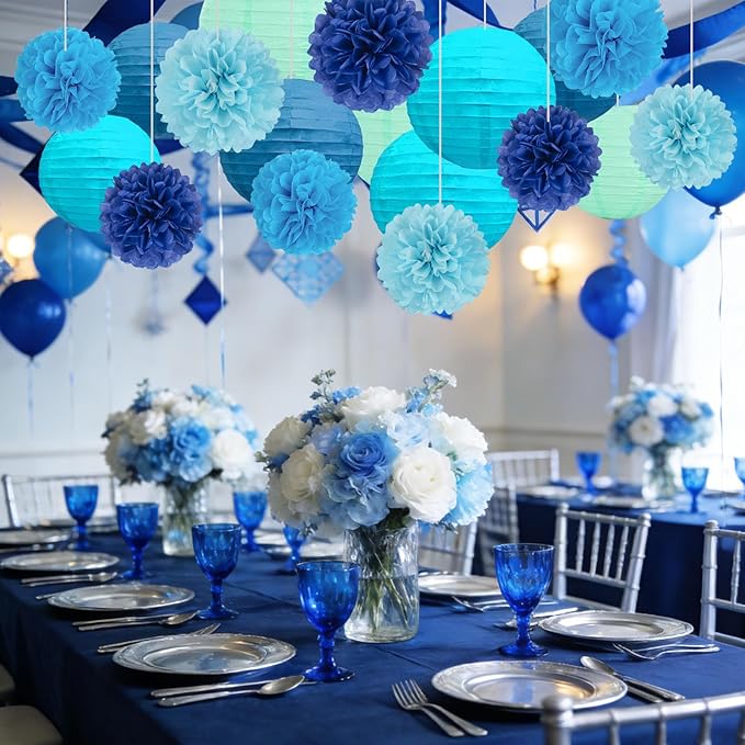 18 PCS Blue Paper Lanterns & Tissue Paper Pom Poms for Boys Birthday, Baby Shower, Wedding, Bridal Shower, Hanging Paper Decor for Indoor Outdoor Events Theme Party Supplies