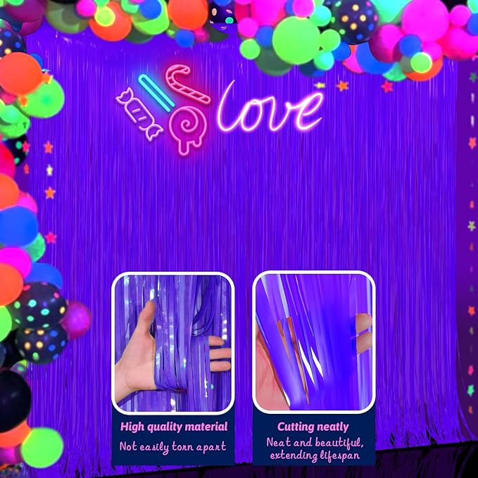 Glow in The Dark Party Supplies 2 Pack Neon Party Decorations Fluorescent Tinsel Foil Fringe Curtains Photo Booth Prop Backdrop Streamer Blacklight Decorations (Neon Purple)