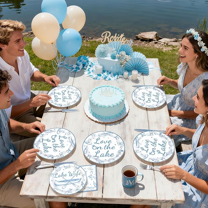 96Pcs Love on The Lake Decor Blue Engagement Party Plates and Napkins Disposable Love on the Lake Themed Tableware for Girls Bridal Shower Bach Engagement Wedding Bachelorette Party Supplies Serves 24