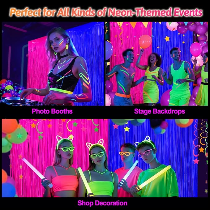 Glow in The Dark Party Supplies 2 Pack Neon Party Decorations Fluorescent Tinsel Foil Fringe Curtains Photo Booth Prop Backdrop Streamer Blacklight Decorations (Neon Hot Pink+Neon Light Blue)