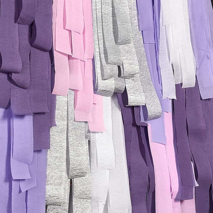 PartyWoo Crepe Paper Streamers 6 Rolls 492ft, Pack of Metallic Silver, Lavender, Purple, Pastel Pink, Pink, White Crepe Paper for Birthday Decorations, Baby Shower Decorations (1.8 Inch x 82 Ft/Roll)