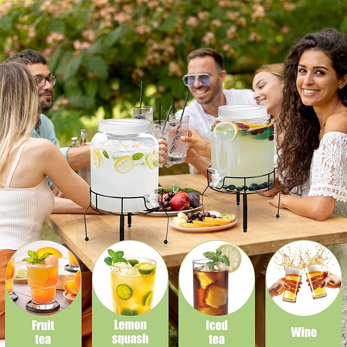 Tanlade 2 Pack 2 Gallon Plastic Drink Dispenser with Stand Beverage Dispenser with Sturdy Metal Base Juice Dispensers Drink Jar with Spigot for Weddings Parties Lemonade Tea Countertop