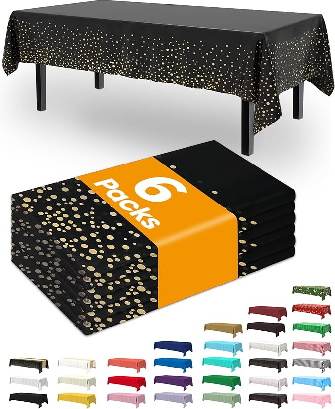 Pureegg Plastic Table Cloth Disposable 6 Pack, 54 x 108 Inch Table Cloths, Graduation Decorations Class of 2025, Graduation Tablecloths, Rectangle, Plastic Cover, Waterproof, Black and Gold