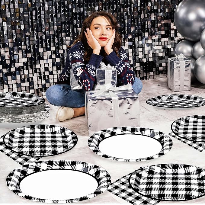 96 Pcs Black and White Gingham Party Supplies 350 GSM Disposable Black and White Buffalo Checked Paper Plates and Napkins Tableware Set for BBQ Picnic Race Car Birthday Party Decorations Serves 24