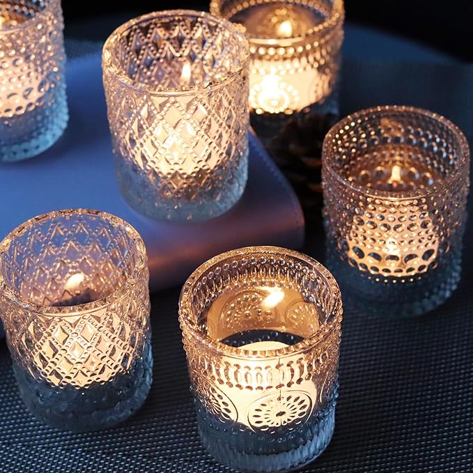 Clear Votive Candle Holders, 3 Patterns 24 pcs Glass Tealight Candle Holders for Christmas Wedding Table Centerpiece Birthday Party