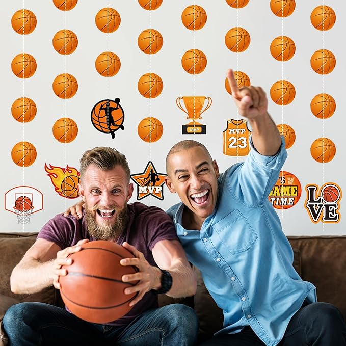 Basketball Party Decorations 8 Pcs Basketball Garland Banner Pre-Strung Basketball Hanging Garland Decor for Home Classroom Sports Themed Birthday Party Game Fans