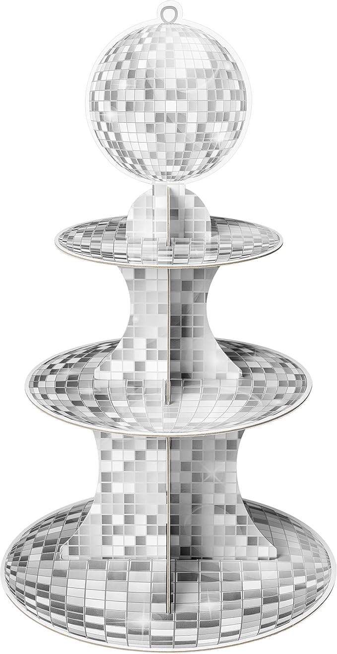 Haooryx Disco Cupcake Stand Decoration - 3-Tier Silver Glitter Disco Ball Cardboard Cupcake Stand Dessert Holder for Theme Birthday Party Decor Baby Shower Bachelorette Party Table Decor Supply