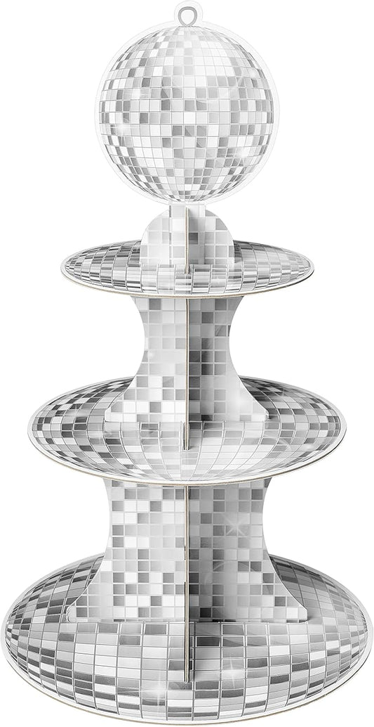 Haooryx Disco Cupcake Stand Decoration - 3-Tier Silver Glitter Disco Ball Cardboard Cupcake Stand Dessert Holder for Theme Birthday Party Decor Baby Shower Bachelorette Party Table Decor Supply