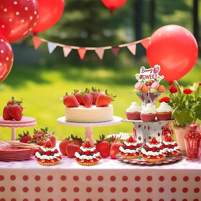 Haooryx Strawberry Cupcake Stand - 3 Tier Berry Sweet Red Plaid Cupcake Tower Cardboard Dessert Holder Pastry Platter for Baby Shower Girls Birthday Spring Summer Holiday Party Table Decoration Supply