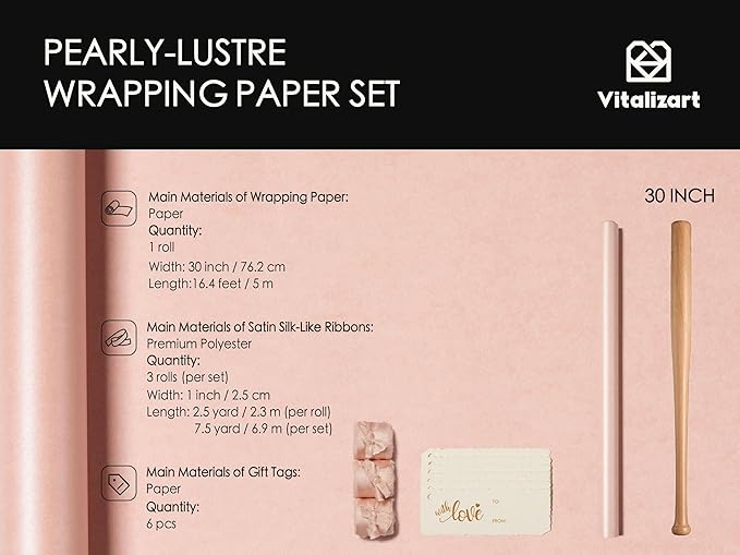 Vitalizart Pink Wrapping Paper Set 30" Pearly-Lustre With Silk Like Satin Ribbon & Gift Tags Recyclable Christmas Gift Wrapping Birthday Baby Shower Wedding Handmade Crafts 197"(16.4 Ft)