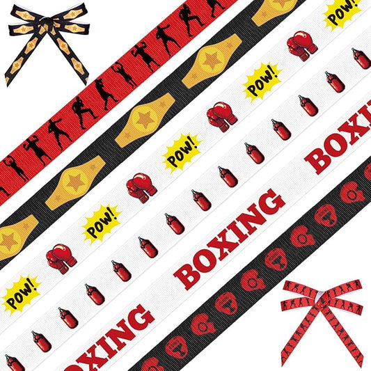 6 Pieces Boxing Ribbon Set, Boxing Theme Grosgrain Ribbons, 3/8inch x 30 Yard Sandbags Ribbon, Black and Red Decorative Ribbons for Gift Wrapping DIY Birthday Party Favor Decorations