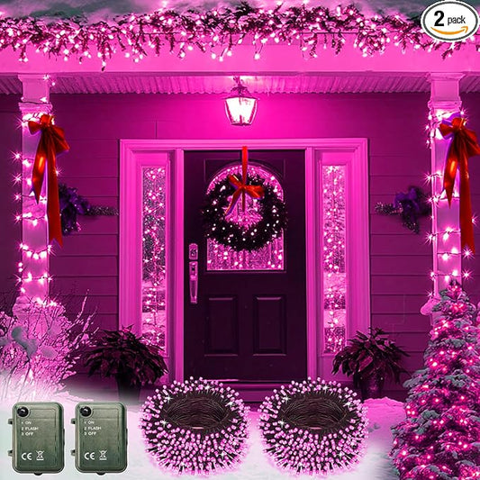 Pooqla Pink String Lights Battery Powered, 2 Pack Total 33 FT 100 LED Pink Valentines Day String Lights for Indoor Outdoor Decoration, Twinkle Fairy Light for Valentines Day Decorations