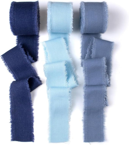 Blue Cotton Linen Ribbon 1.5" x 21Yds Boho Vintage Rustic Ribbon Handmade Fringe Frayed Cloth Fabric Ribbon for Gift Wrapping Wedding Invitations Bridal Bouquets DIY Crafts