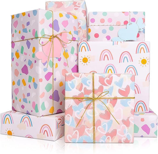 Larcenciel Gift Wrapping Paper, Birthday Wrapping Paper for Girl w/Gift Tags, Rainbow Polka Dots Heart Gift Wraps for Birthday, Valentines Day, Christmas, Wedding, Baby Shower, 4 Sheets 27.5x19.6inch