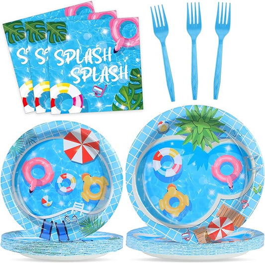 96Pcs Pool Party Supplies Summer Beach Paper Plates Napkins Summer Pool Party Decorations Hawaiian Beach Ball Dinnerware Party Favors Birthday Tableware Serves 24