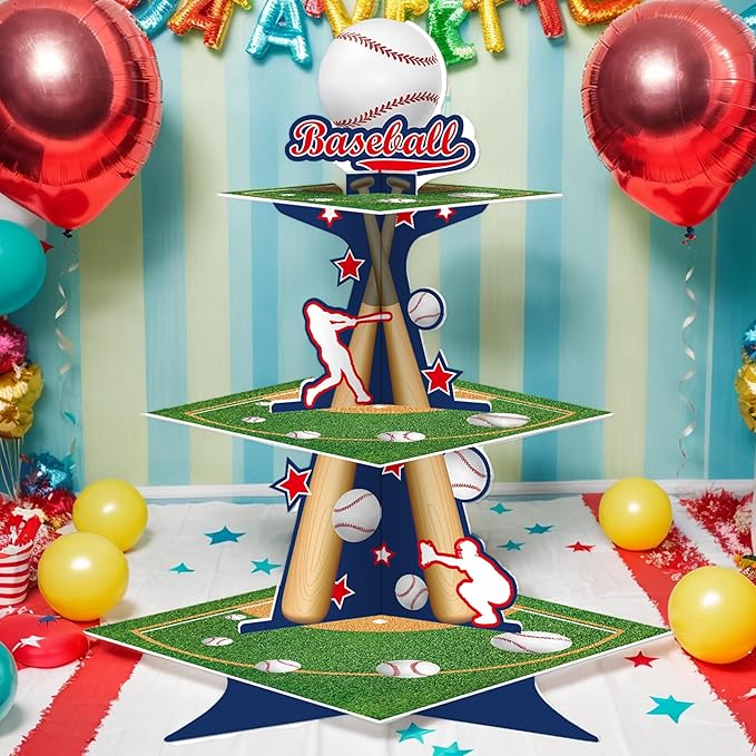 KALEFO 3 Tier Baseball Cupcake Stand Grand Slam Dessert Tower Sports Party Centerpiece for Baseball Birthday Team Celebration Cake Display Decorations Supplies