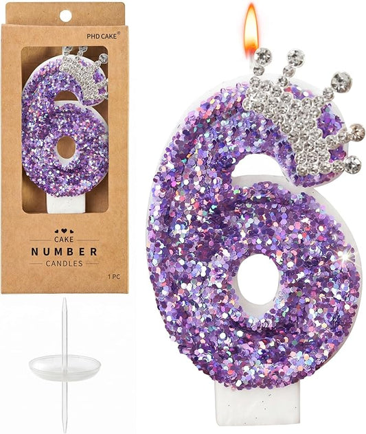 Birthday Number Candles,Purple Crown Birthday Candles for Cake,Glitter Number 6 Candle Cake Topper with Sequins for Anniversary Celebrations Supplies