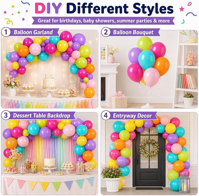 Colorful Balloons, 60Pcs Rainbow Balloon, 12 Inch Latex Multicolor Balloons Bright Color Yellow Orange Hot Pink Teal Blue Green for Kids Birthday Baby Shower Summer Pool Hawaii Theme Party Decoration