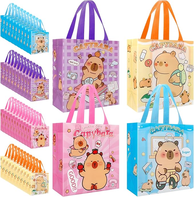 Pinsit 40 PCS Capybara Party Favors Bags, Non Woven Capybara Gift Bags, Cute Reusable Gift Bags with Handles for Boys Girls Birthday Baby Shower Party Supplies(02)