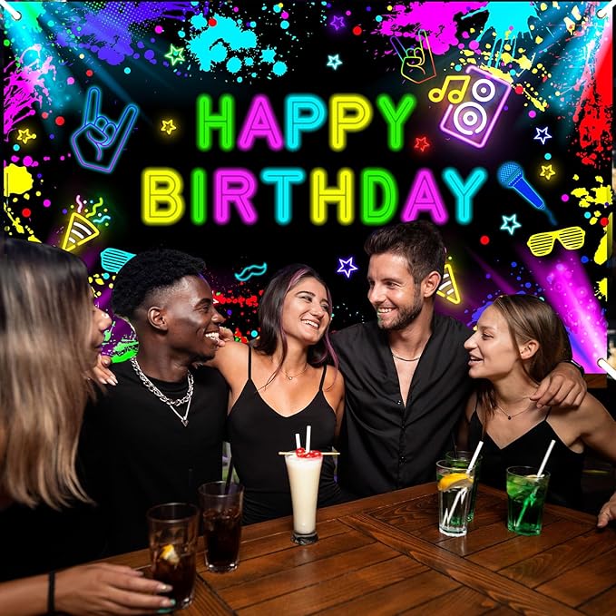 Neon Birthday Backdrop 7x5 ft Glow in The Dark Banner Neon Birthday Party Decorations Glow Photography Background Photo Booth Props