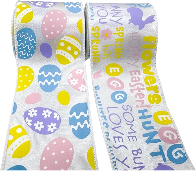 Meseey 2 Rolls Easter Ribbon, 2.5 Inch x 5 Yards Pastel Easter Egg & Happy Easter Wired Ribbon, Decorative Ribbon for Wreaths, Gift Wrapping, Easter Baskets, Crafts, Spring Party Decorations