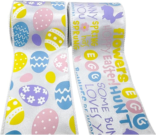 Meseey 2 Rolls Easter Ribbon, 2.5 Inch x 5 Yards Pastel Easter Egg & Happy Easter Wired Ribbon, Decorative Ribbon for Wreaths, Gift Wrapping, Easter Baskets, Crafts, Spring Party Decorations