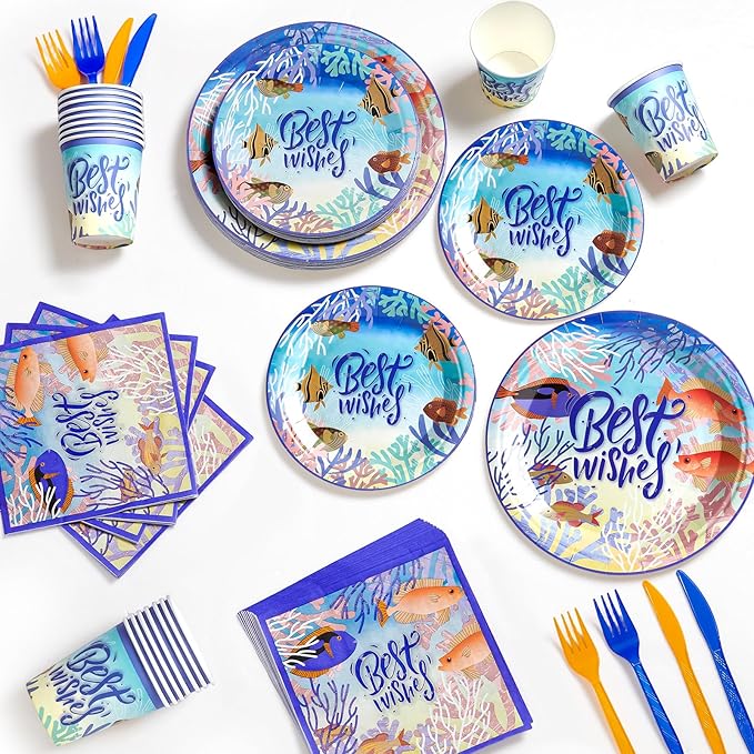 144Pcs Under the Sea Animal Birthday Party Supplies Decorations Paper Plates Napkins Vintage Party Tableware Disposable Tropical Ocean Dinnerware Set for Kids Birthday Baby Shower Table Decor Serve 24