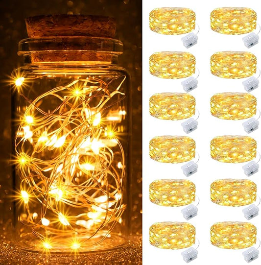 pozzolanas 12 Pack Warm White Fairy Lights Battery Operated 3 Modes 7FT 20 LED Waterproof String Lights Twinkle Silver Wire for Mason Jars Wedding Christmas Halloween Party Decor (12, Warm White)