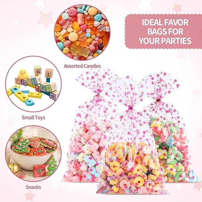 100Pcs Cellophane Treat Bags,7 X 12 Inches Pink Star Clear Cellophane Bags,100 Twist Ties,for Gift Wrapping,Packaging Candies,Dessert,Bakery, Cookies, Chocolate,Party Party Decorations