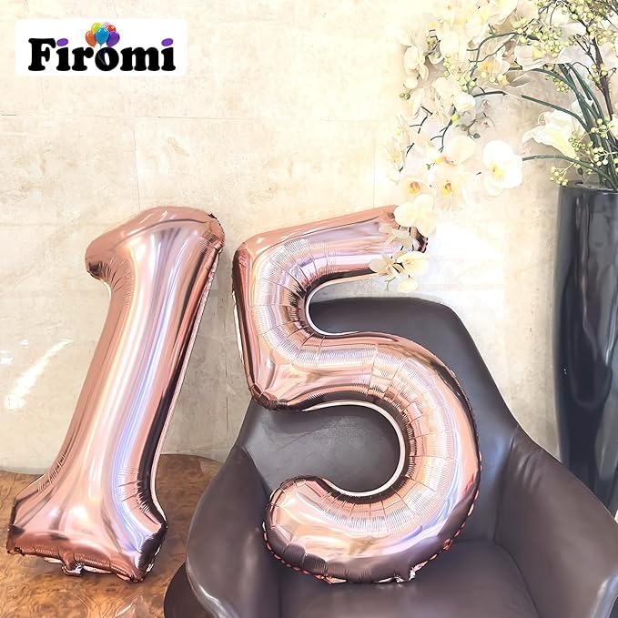 FIROMI 15 Foil Number Balloons Rose Gold 40-inch Big Giant Jumbo Mylar 15 or 51 Balloon Numbers for 15th Birthday Party Anniversary Decorations