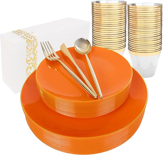 MirthMood 210PCS Orange Plastic Plates,Orange plastic Dinner Plates??Plastic Plates Set Includes 30 Dinner,30 Dessert Plate,30 Cup&50 Napkins, 30 Silverware for Wedding & Birthday Parties