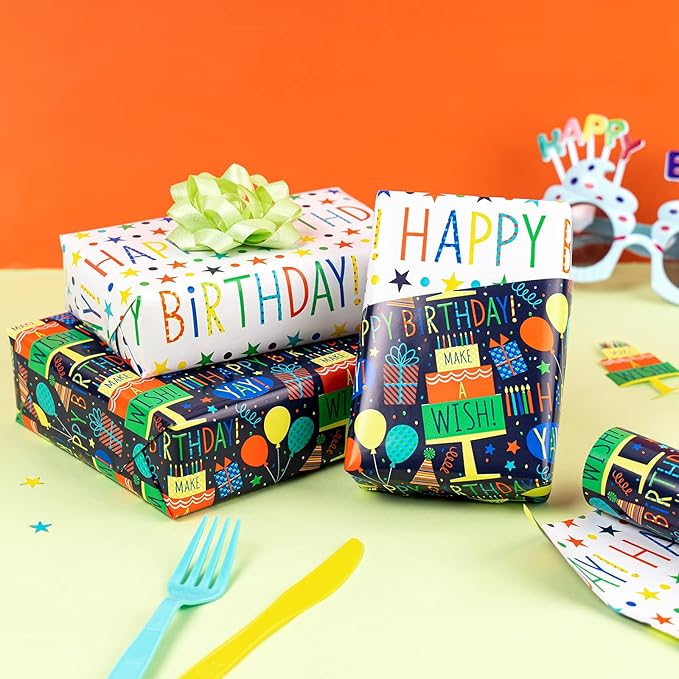 MAYPLUSS Reversible Birthday Wrapping Paper Mini Roll - 17In x 32.8Feet - Colorful Happy Birthday Lettering,Cake,Candle Pattern Kid Boys Party Gift Wrap Present Paper for Baby Shower, Holiday