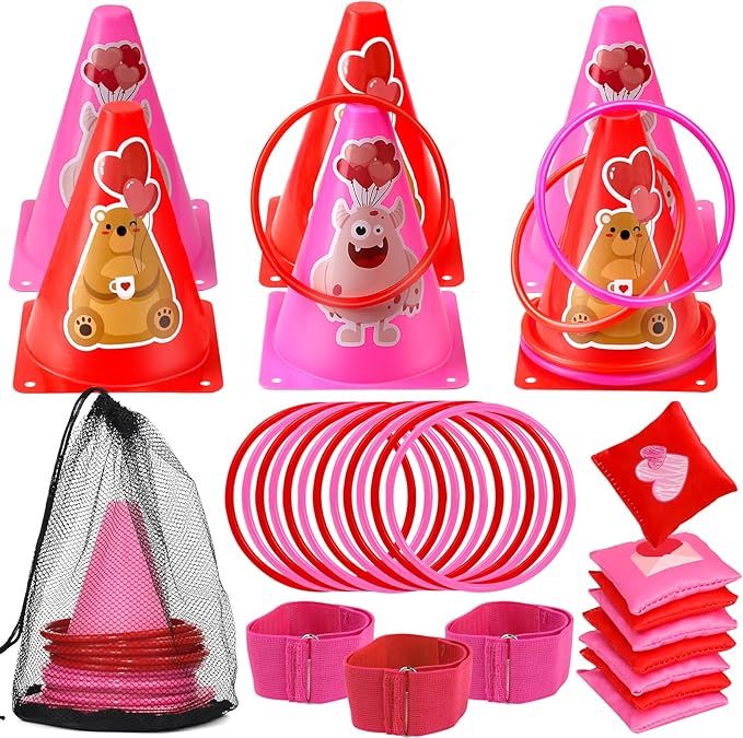 39Pcs 4 in 1 Valentines Day Party Games for Kids with Ring Toss, Plastic Cones, Bean Bags, 3-Legged Race Bands, Stickers, Carnival Valentine's Games Activity Combo Set for Classroom Indoor Outdoor