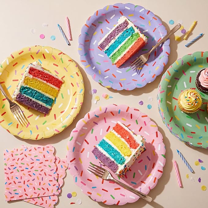 Mimorou 48 Pcs Donut Plates and Napkins Party Supplies Confetti Sprinkle Paper Plates Disposable Cocktail Napkins for Sprinkle Ice Cream Party Supplies Baby Shower Decorations for 24 Guest (Scalloped)