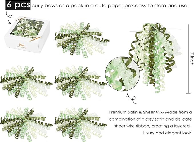 HUIHUANG Curly Bows for Gift Wrapping 7 inch Sage Green/Moss/Ivory Gift Bow with Self Adhesive & Twist Tie Ribbon Bows for Presents, Gift Basket, Wedding Decor, Baby Shower- 6 Counts