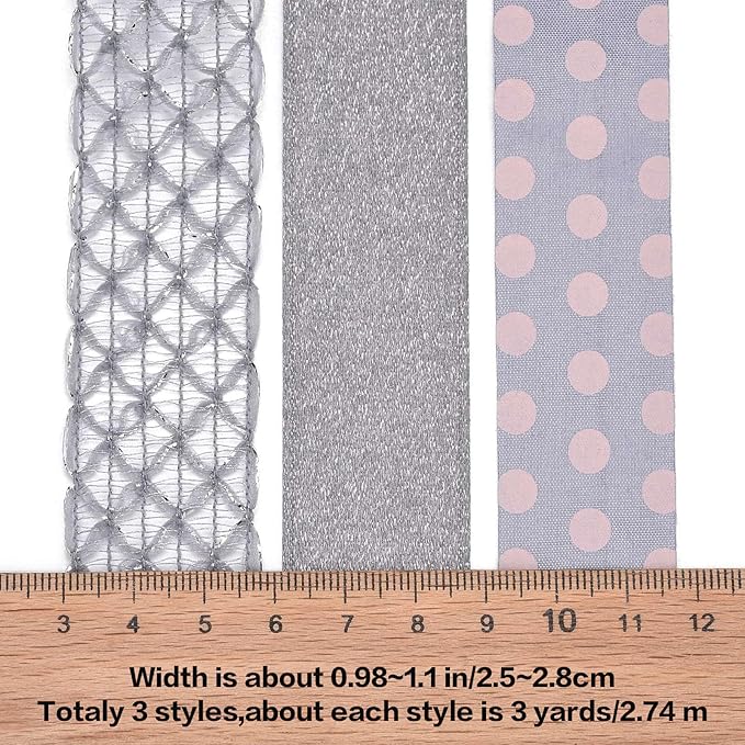 BEEFLYING 3 Styles Grey Wire Edged Ribbons for Gift Wrapping, 25~28mm×2.7m Satin Ribbons Sheer Ribbons for Wedding Party Decoration Hair Bows Flower Designs Sewing and Craft, 9 Yards