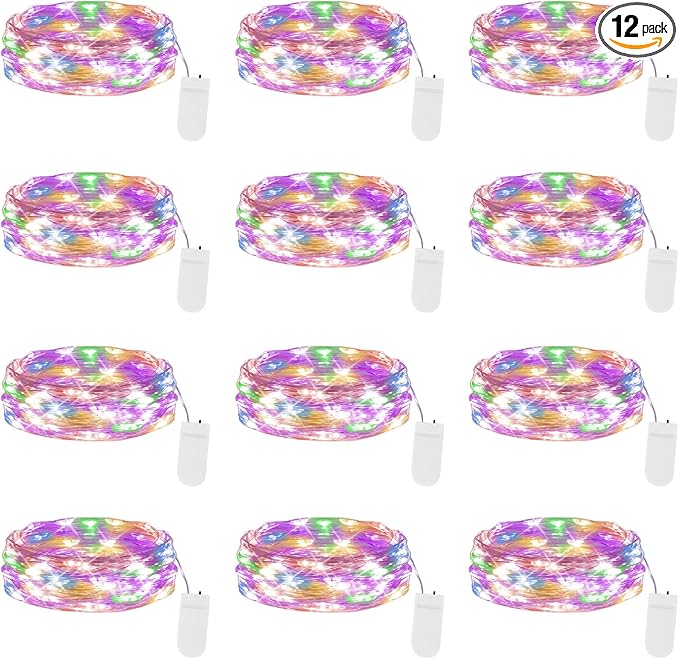 Lakumu 12 Pack Fairy Lights, 7FT 20 LED Battery Operated Silver Wire String Lights, Multicolor Firefly Starry Moon Lights for DIY Decor, Party, Wedding, Centerpiece Table Decor