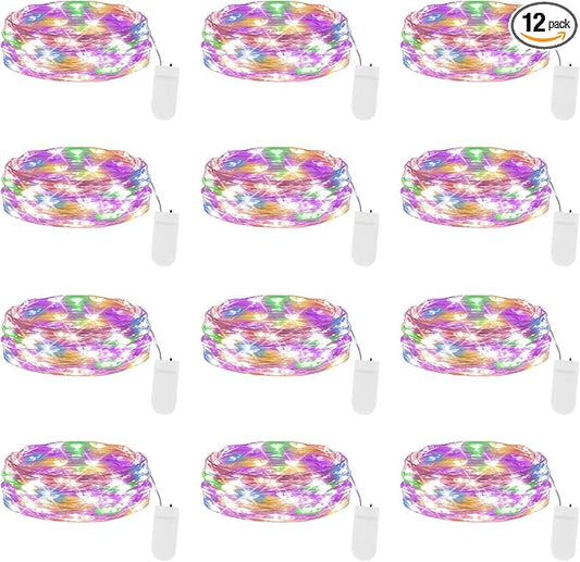 Lakumu 12 Pack Fairy Lights, 7FT 20 LED Battery Operated Silver Wire String Lights, Multicolor Firefly Starry Moon Lights for DIY Decor, Party, Wedding, Centerpiece Table Decor