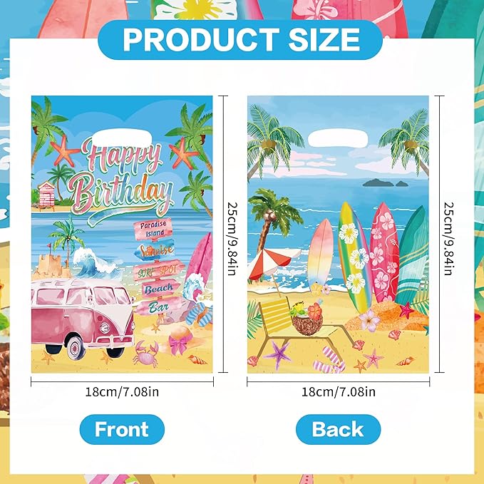 MOIZYNG 50Pcs Beach Birthday Gift Bags with Handles, Vintage Summer Surfing Surfboard Plastic Candy Treat Goodie Bags for Girls Hawaiian Surf Birthday Party Favors Supplies
