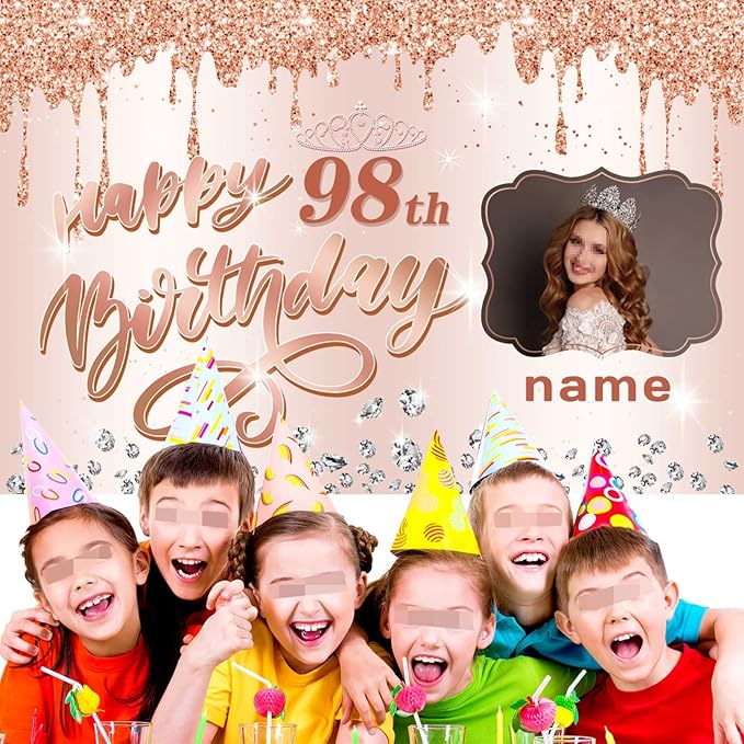 Customizable Rose Gold Happy 98th Birthday Decoration Banner - Personalized with Name and Photo
