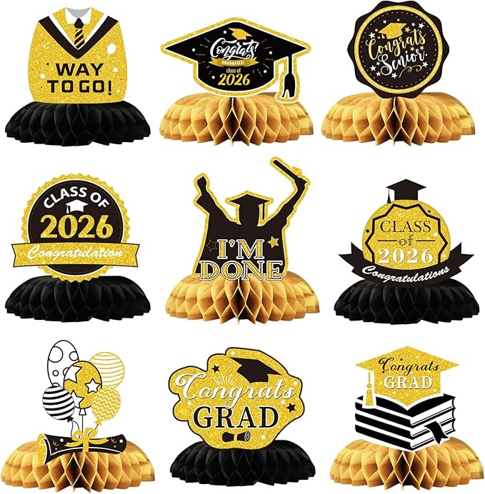 Graduation Decorations 2026 Black Gold Centerpieces 9 Pcs, Class of 2026 Graduation Table Decorations, Grad Party Decor for High School College, Graduation Party Supplies