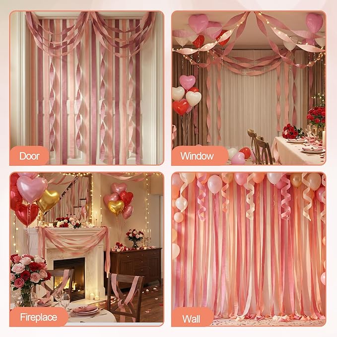 Crepe Paper Streamers 9 Rolls 738ft, Pack of Metallic Rose Gold Baby Pink Crepe Paper for Party Decorations, Birthday Decorations, Baby Shower Decorations, 1.77 Inch x 82 Ft/Roll