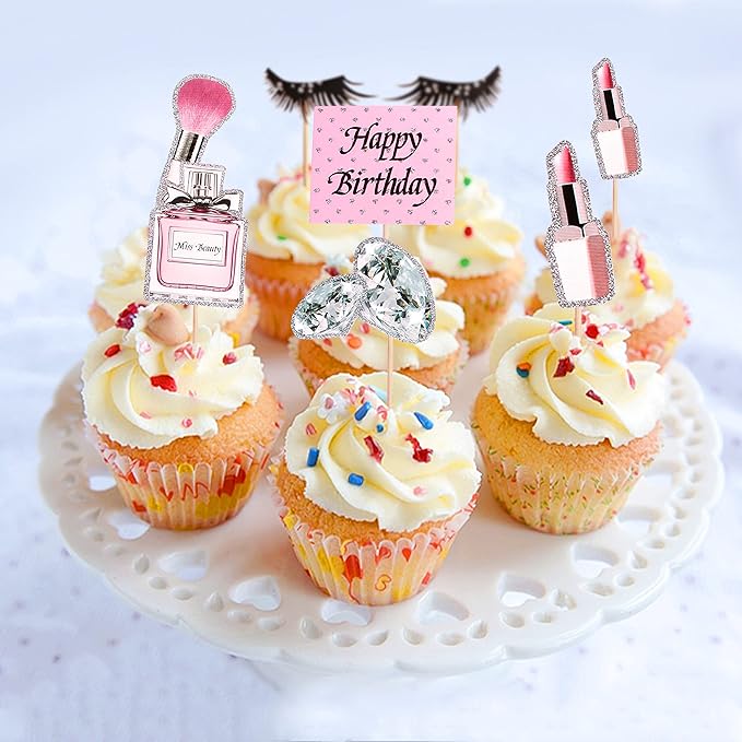 Ercadio 28Pcs Makeup Birthday Cupcake Toppers Diamond Lipstick Cupcake Picks Eyelash Food Picks for Makeup Girl Pink Birthday Cupcake Decorations Bridal Shower Cosmetics Bachelorette Party Supplies